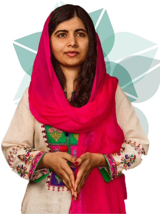 photo of Malala in bright clothing with green flower pattern behind her
