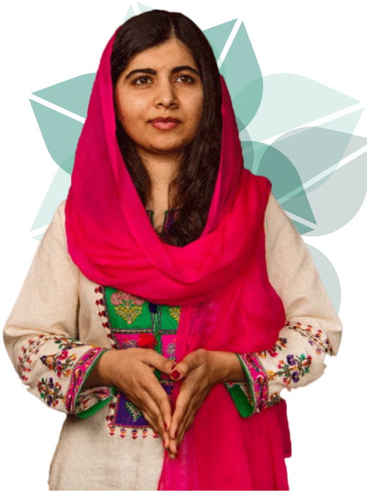 Malala - portrait with flowers photo of Malala in bright clothing with green flower pattern behind her