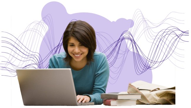 women using a laptop with abstract purple background