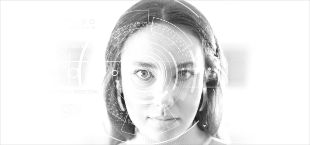 Woman's face looking forward with abstract circles focused on her eye
